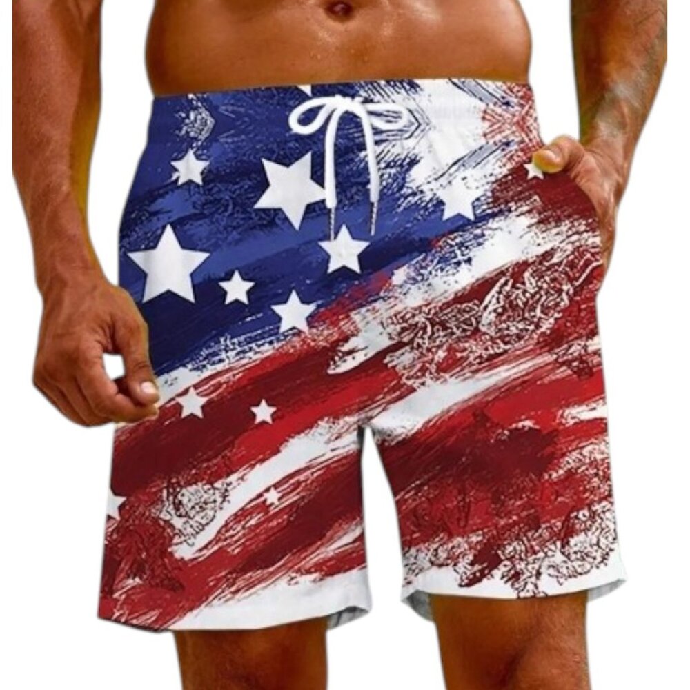 NWOT 4th of July Men's Patriotic Flag Print Swim Trunks Size XXL